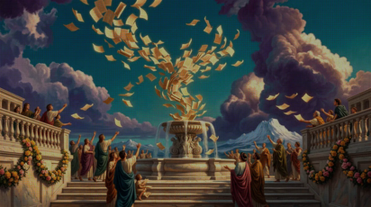 A classical painting of an open-air academy where a fountain releases hundreds of glowing pages into a stormy sky while students reach up for them.