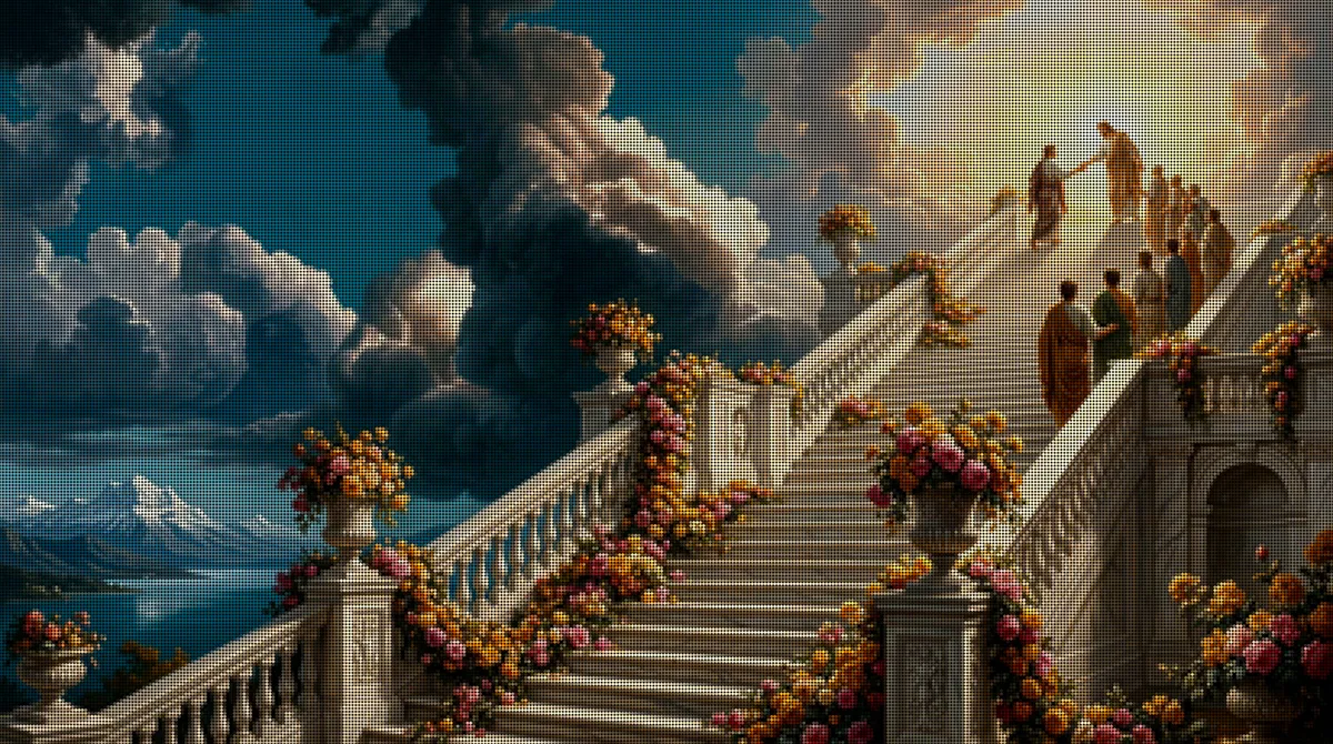 A classical painting of a grand marble staircase rising into sunlit clouds, a figure near the top turning to help a line of people climbing behind.