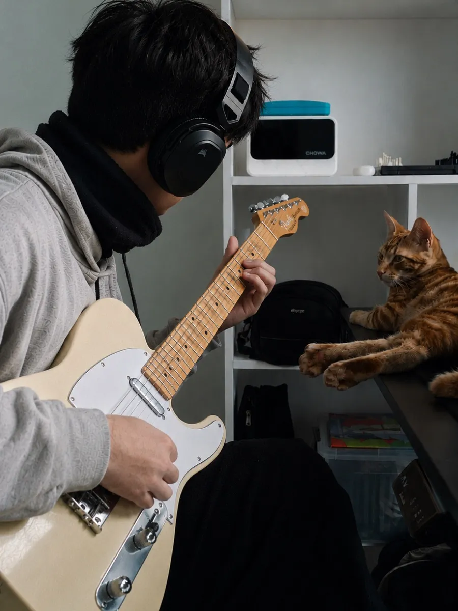 Me playing a Telecaster in a grey hoodie and black trousers, with Cheddar the cat watching from a shelf