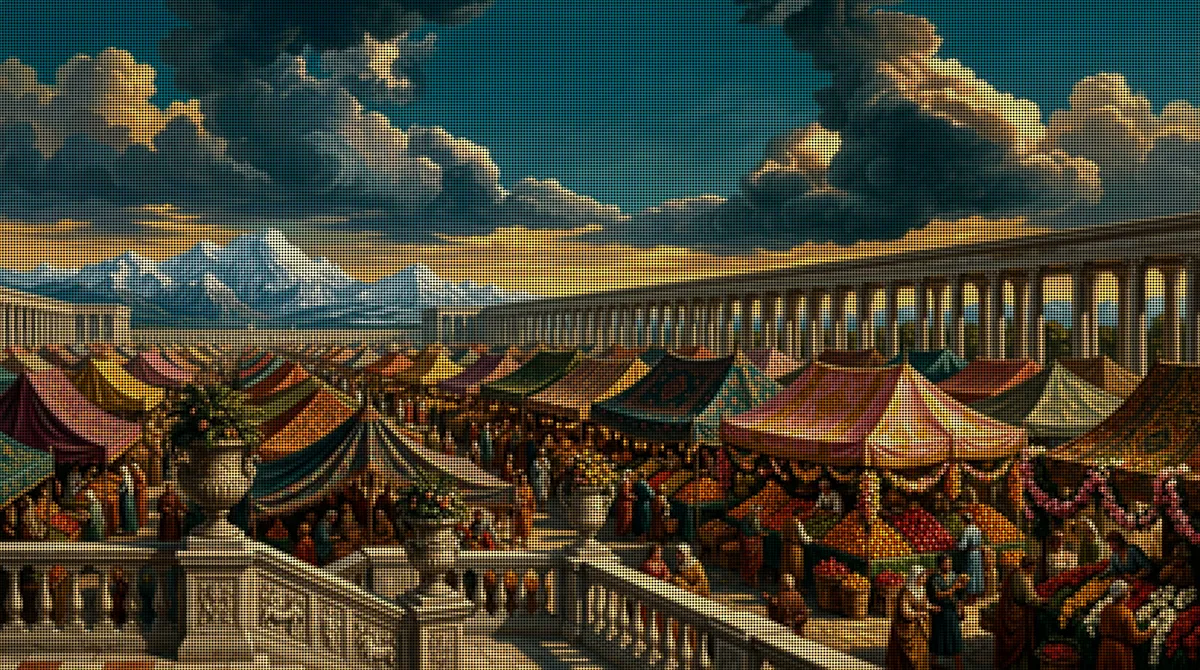A classical painting of a vast marketplace under a stormy sky, dozens of stalls each with its own colored awning, a long colonnade behind.